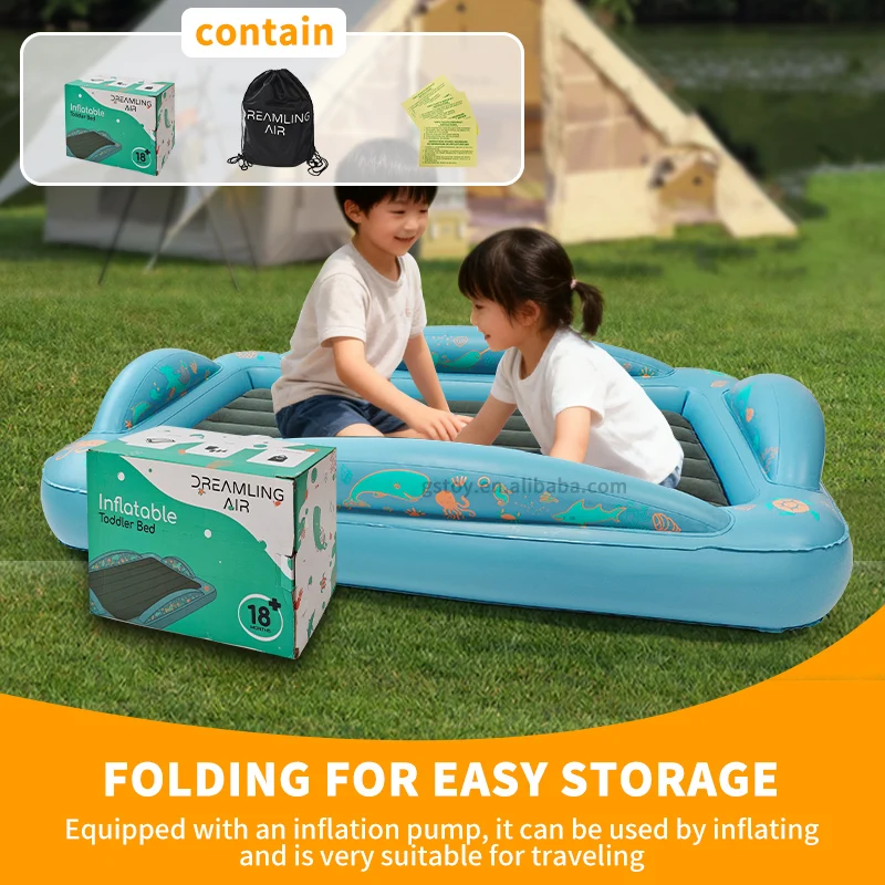 STLF Foldable Flocked PVC Children's Air Cushion Bed Inflatable Guardrail Bed Portable Outdoor Travel Inflatable Bed with Storag