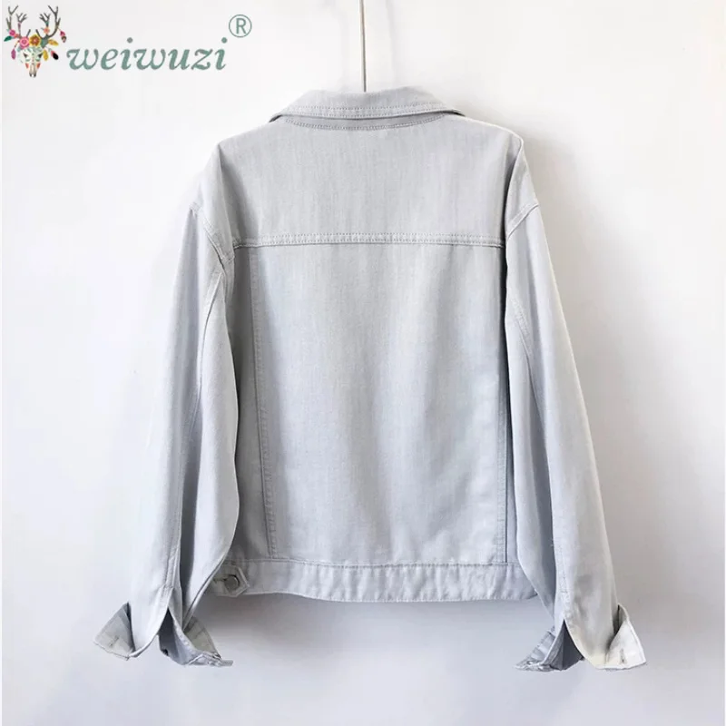 Women Denim Coat Light Was Pale Grey Denim Jacket Lapel Collar Button Down Cropped Loose Patch Pockets Casual Street Outerwear