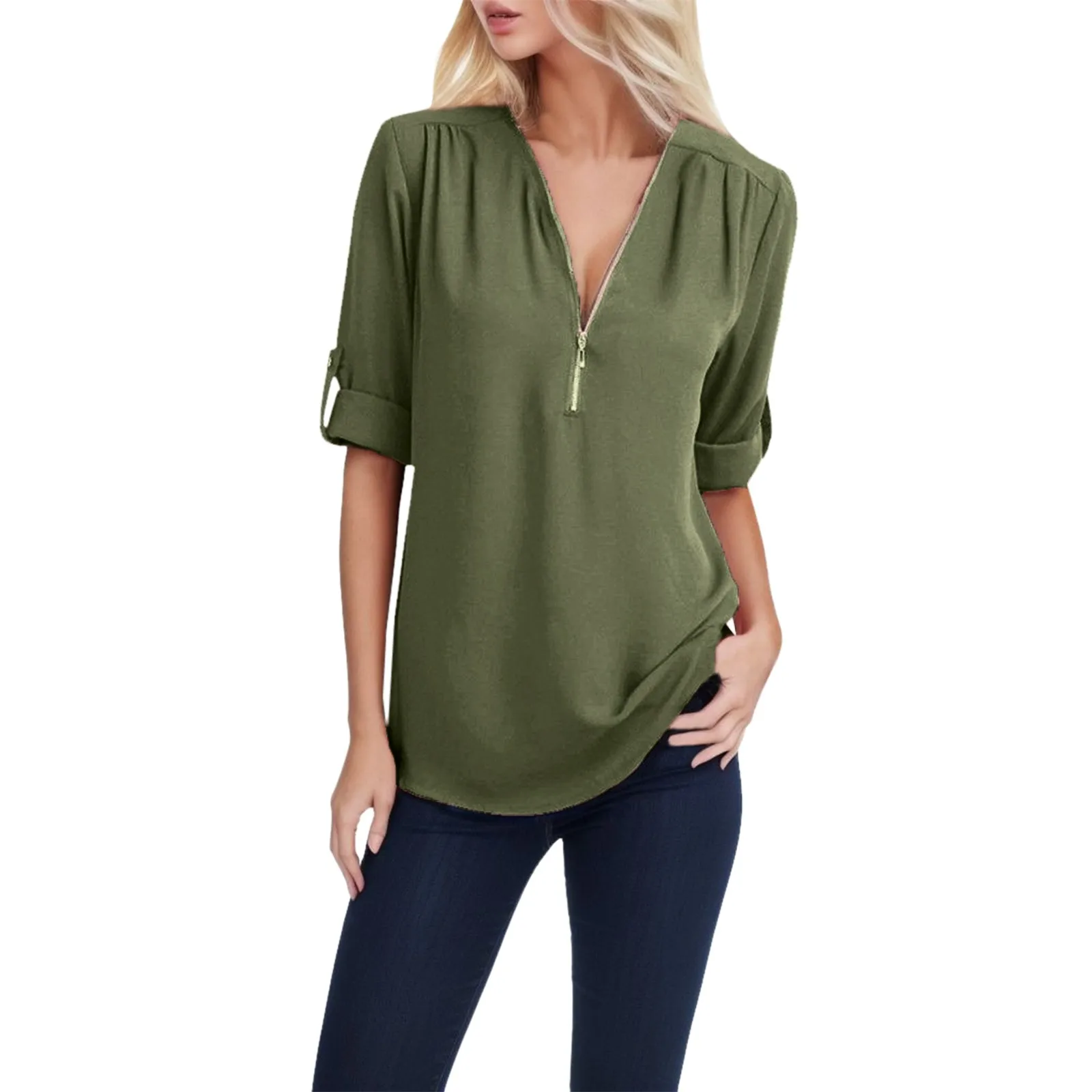 Sleeve Shirt Button Women Ladies Clothing Loose Shirt Chiffon Zipper Long Sleeves Plus Size Tops Dressy Short Sleeve