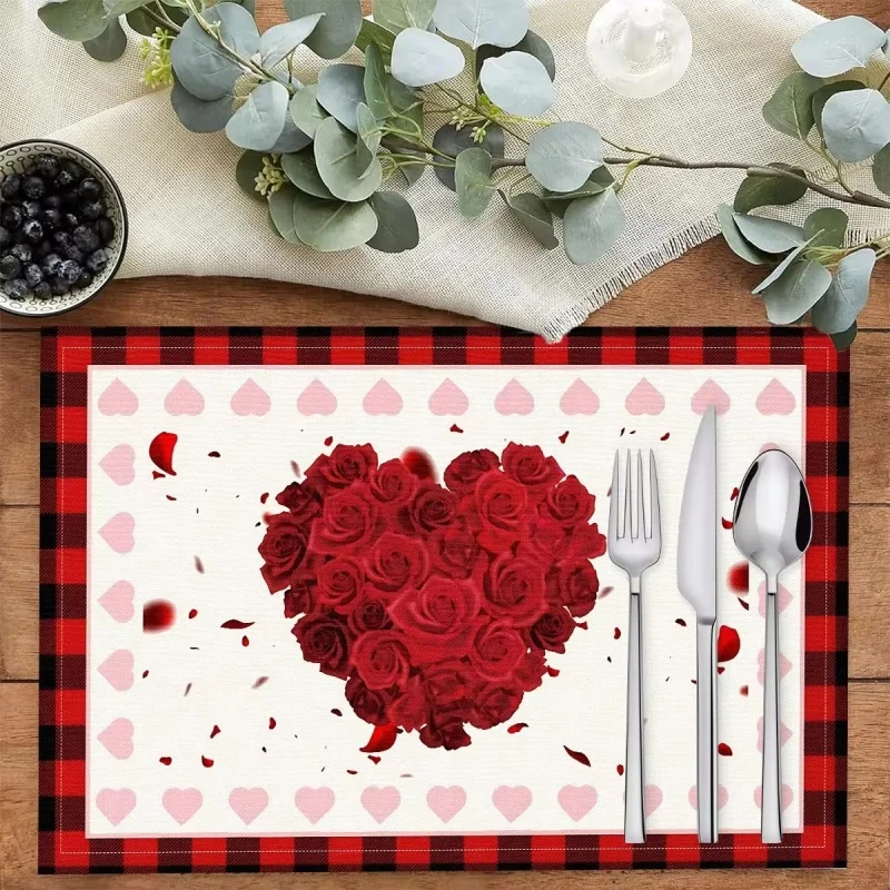 Valentine Red Rose Heart Buffalo Plaid Linen Placemats Romantic Wedding Heat‑Resistant Kitchen Table Decor Mats