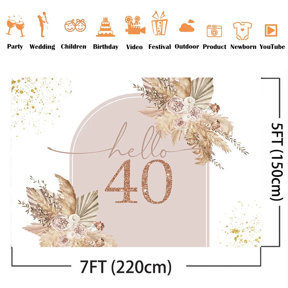 Hello 40th Birthday Backdrop Pampas Grass Happy Birthday Theme Party Decoration Props Gold Glitter Birthday Photo Background