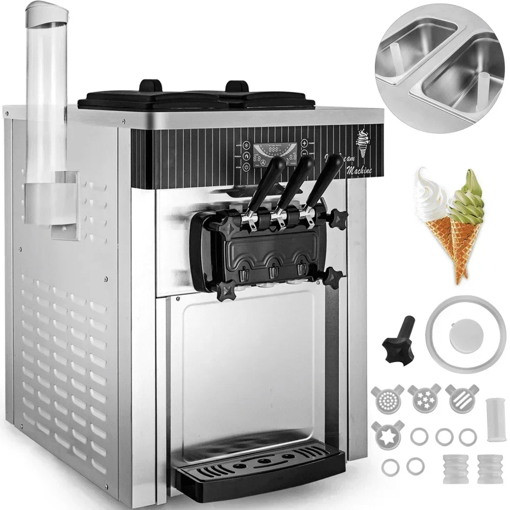 

VEVOR Ice Cream Machine 3 Flavors 5.3-7.4 Gal/H Countertop Soft Serve Machine with 2x6L Hoppers for Restaurant Snack Bar