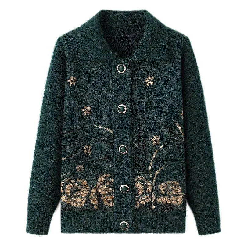 Damski kardigan dziergany dla starszych kobiet, jesienno-zimowy ciepły sweter, gruby płaszcz, zapinany na jeden guzik, damska odzież wierzchnia, damskie topy.