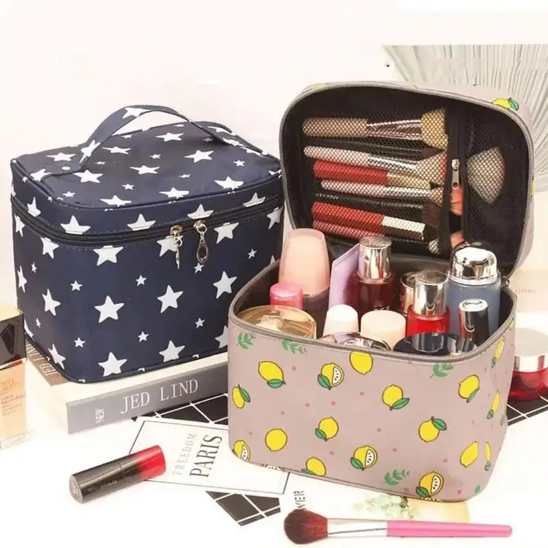 Portable Printed Cosmetic Bag, Waterproof Fabric, Large Capacity for Daily & Travel Makeup Storage