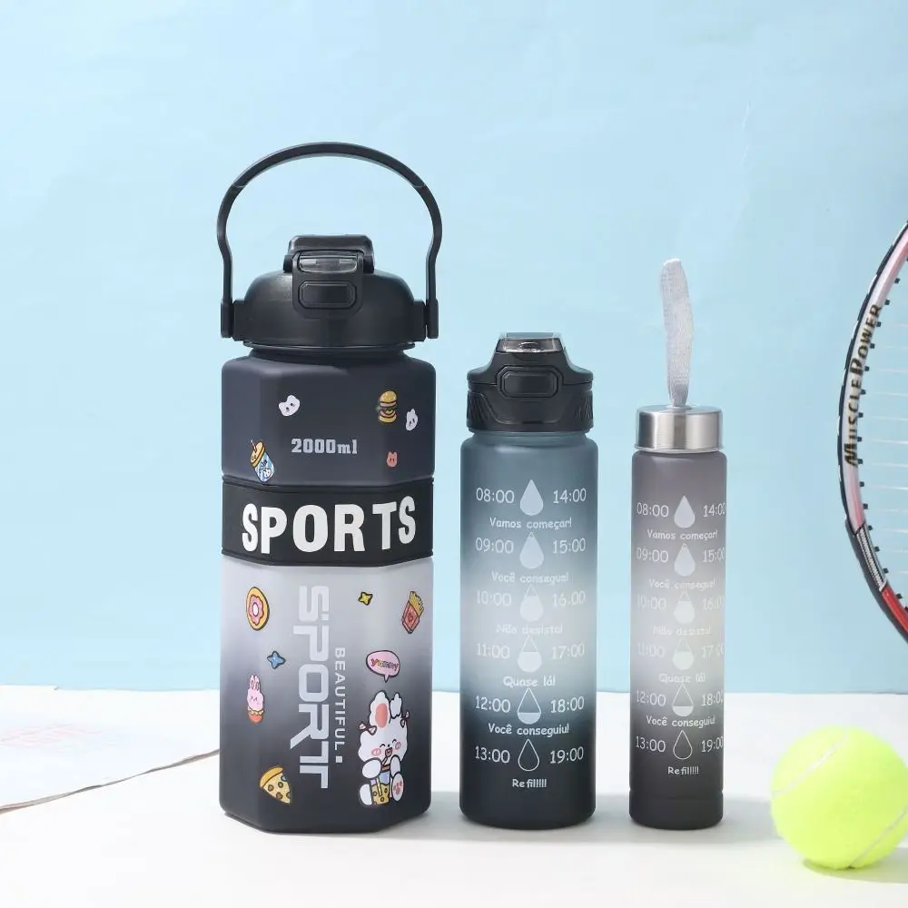 

Three Piece Set Sports Water Bottle Set Hexagon Cartoon Stickers Leak Proof Colorful Cup Frosted Large Capacity