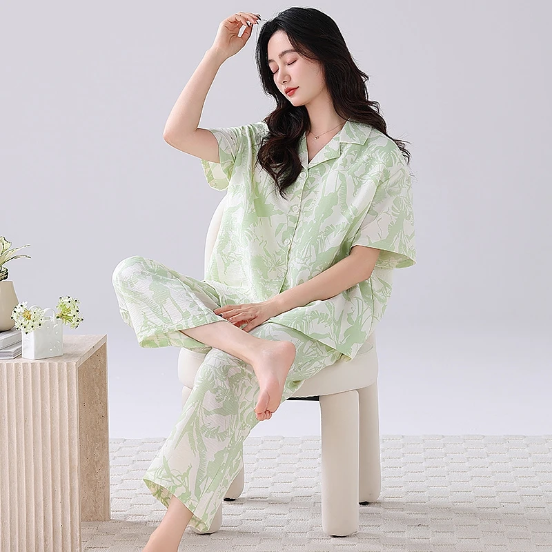 

Свободный пижамный комплект с цветочным принтом и бюстгальтером, топ с короткими рукавами и брюки с лацканами, удобная женская летняя одежда для сна, домашняя одежда