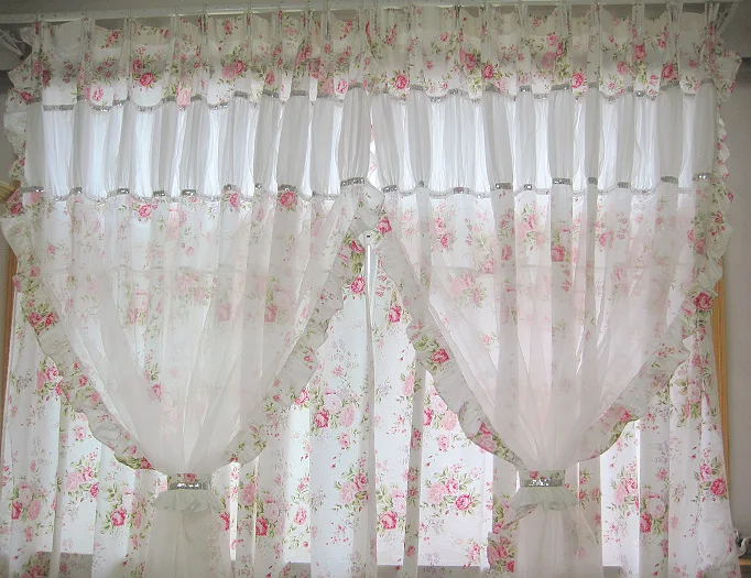 Korean Floral Princess Style Curtains Pastoral Double Layers Lace Cotton Curtain for Girl's Bedroom Wedding Room Window Curtain