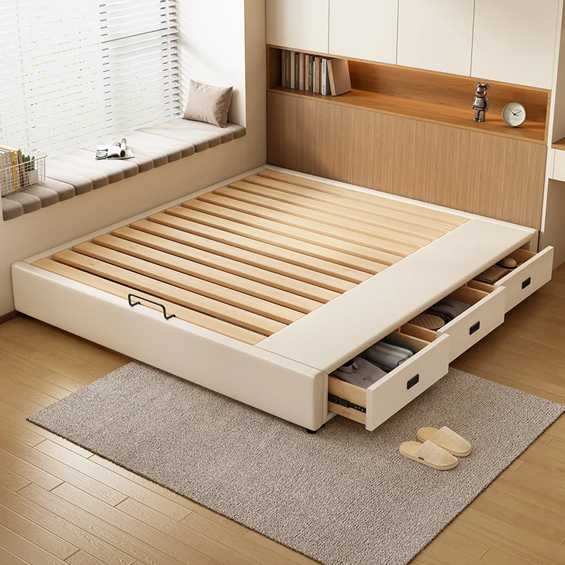 

No bedside storage bed Three-drawer storage Small apartment row skeleton bed with drawer Leather