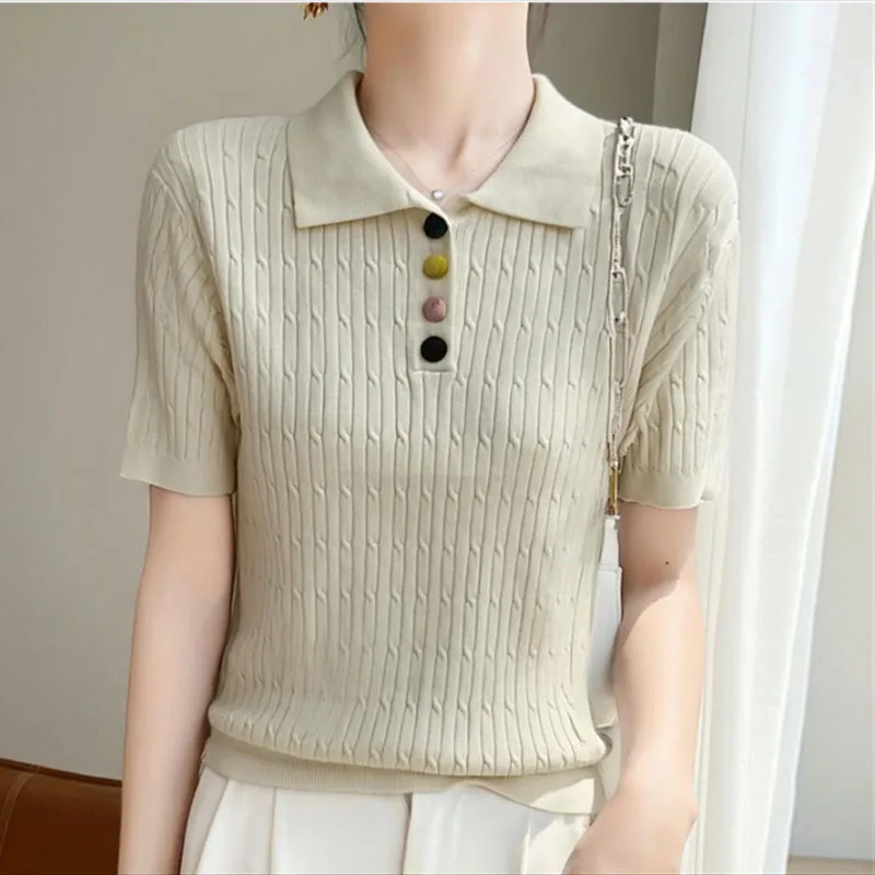 

New Short Sleeve Knitted Sweater Women Pullovers Black Turn Down Collar Knit Sweater Pullover Women Tops Sueters De Mujer Q3101