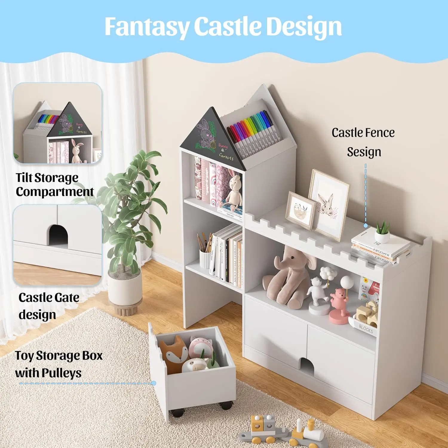 

Toy Storage Organizer, Wood Kids Castle Bookshelf, 6 Cubby Children Bookcase, Montessori Book Shelf For Nursery, Playroom,