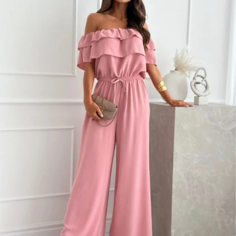 2025 Spring/Summer New Off Shoulder One Piece Collar Waist Loose Wide Leg Solid Color jumpsuit