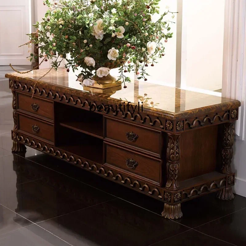 

European marble floor cabinet low cabinet American retro bedroom audio-visual living room solid wood TV cabinet