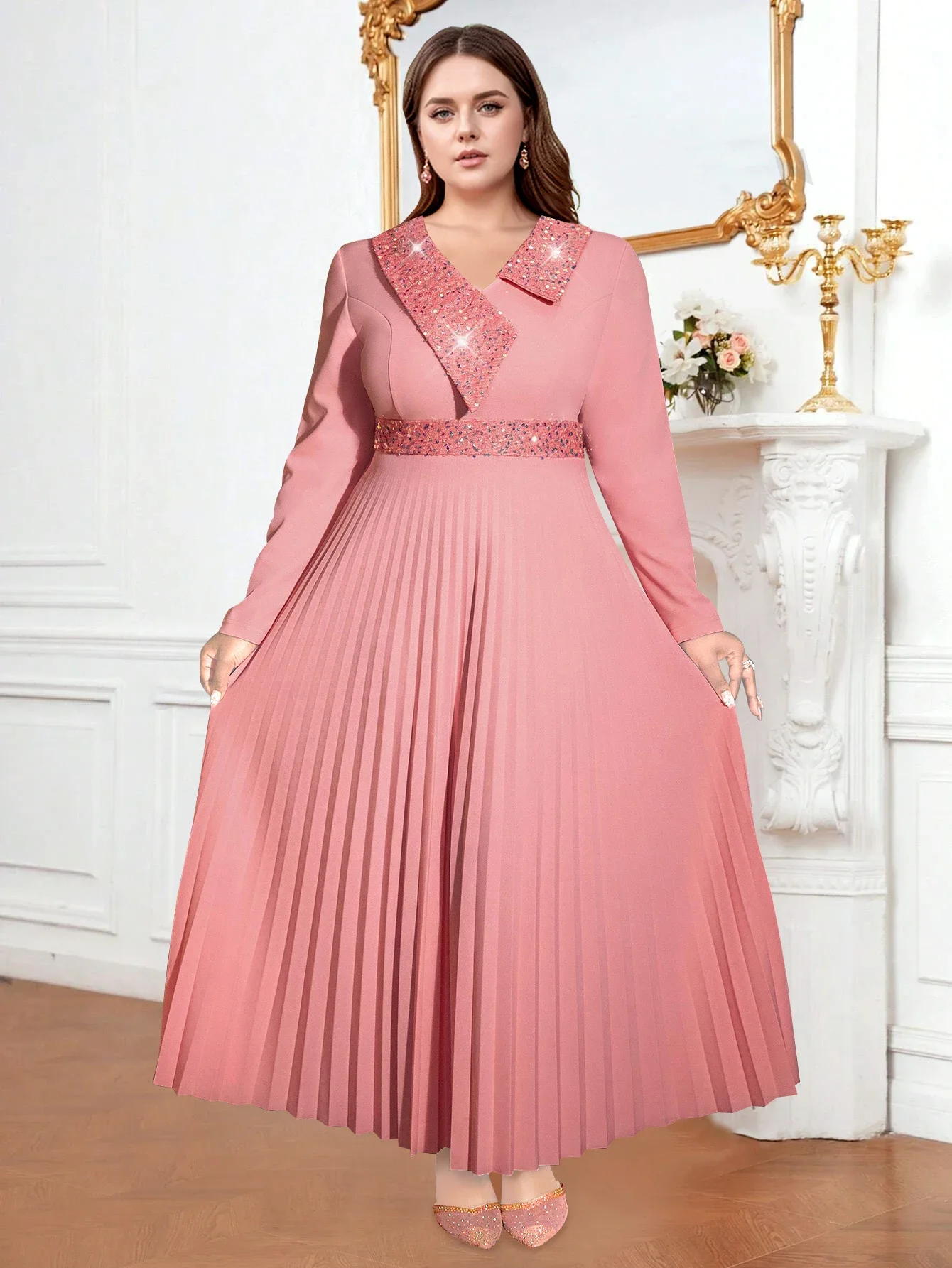 Aomei Women Maxi Pleated Party Dress Sequined Irregularity Neck Long Sleeve High Waist Elegant Church Event  Gowns Plus Size New