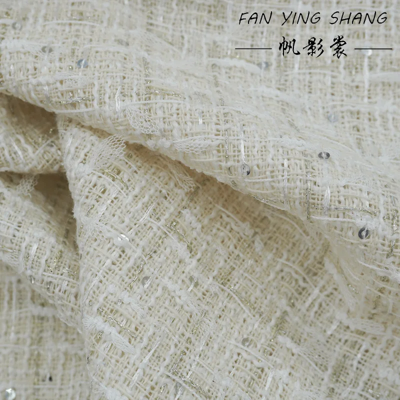 Ivory Mesh Butterfly Yarn Tweed Fabric Gold Metallic Thread Sequin Woven Textured for Suit Dress Coat DIY Designer Cloth Sewing