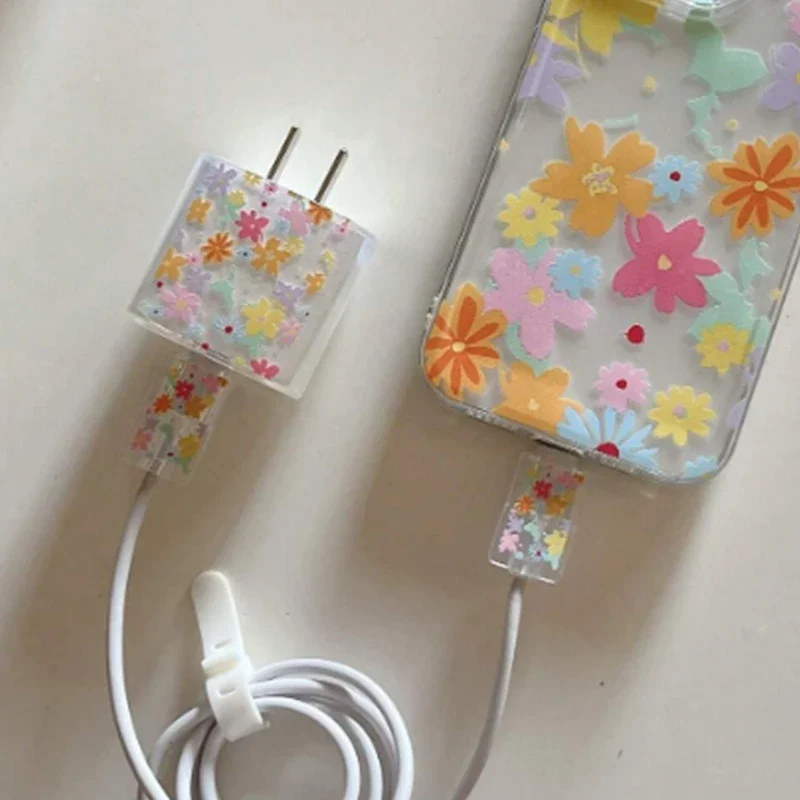 3pcs Fashion Yellow Fragmented Flower Charging Data Cable Protector Winder Accessories for IPhone18/20w Charger Protective Cover