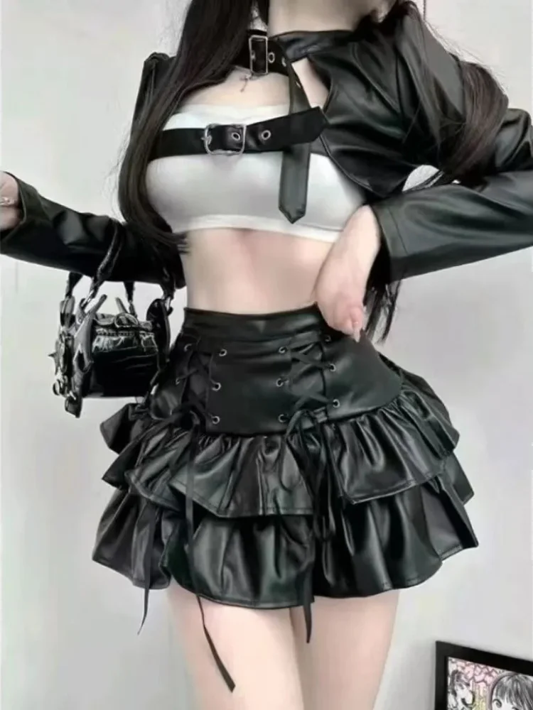 

Harajuku Y2k Women Clothing 3 Piece Sets Long Sleeve Pu Crop Jackets Tunic White Vest Bandage Mini Skirt Outfits Chic Sexy Suit