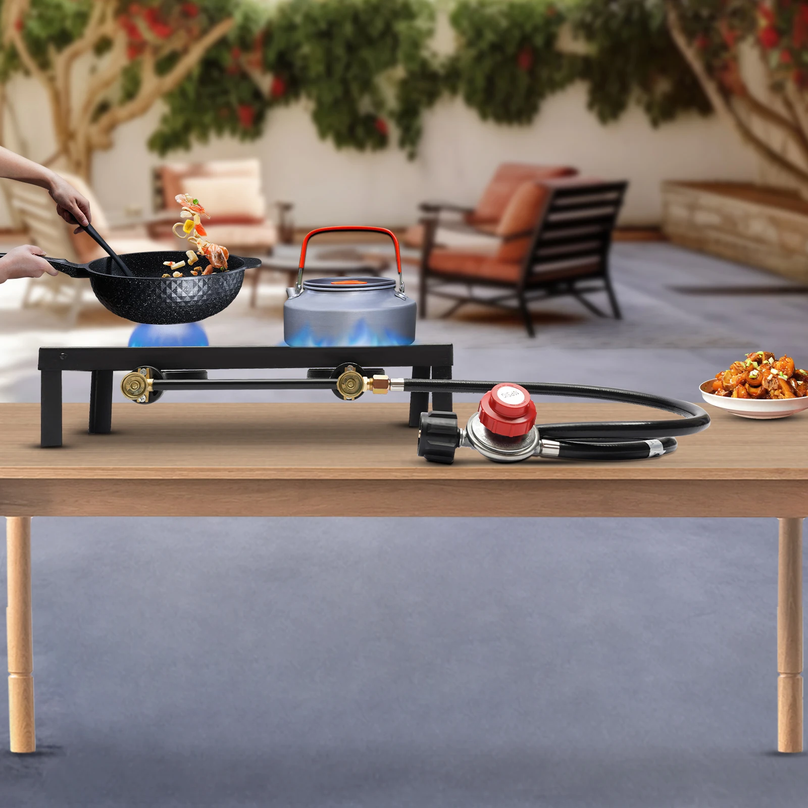 

Портативная уличная газовая плита с двойной горелкой 8000 Вт, пропановая плита с регулируемым шлангом регулятора 0-10 фунтов на квадратный дюйм для патио, кемпинга, барбекю