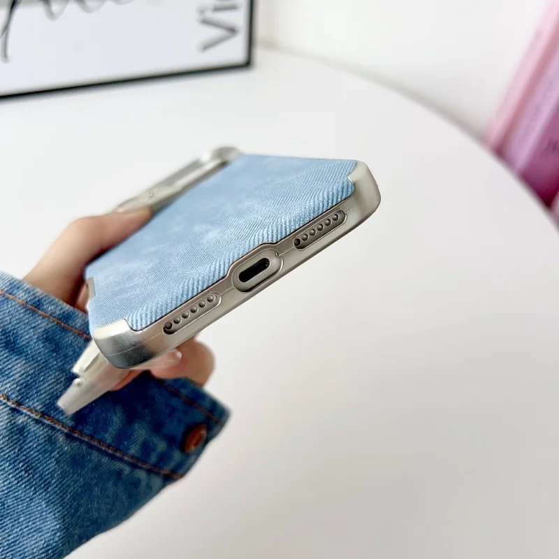 Luxo denim jeans caso de telefone para iphone 11 12 13 14 15 16 17 pro max plus ar 17air 17promax lente galvanizada capa de couro