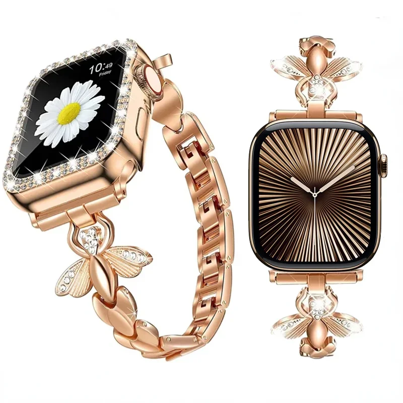 

Metal Straps For Apple watch 9 8 7 49mm 45mm 41mm Small bee carved Bracelet wristband For iwatch 6 5 4 SE 44mm 42mm 40mm belt