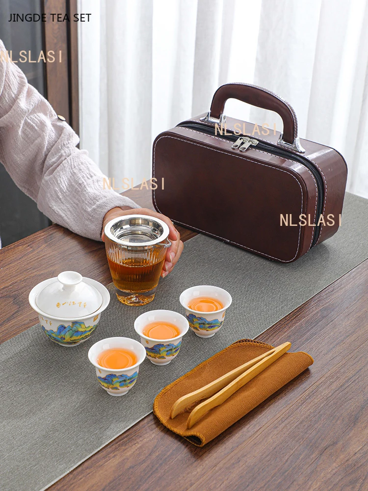 Leather Storage Box Teaware Set Exquisite Travel Tea Set Ceramic Gaiwan Quick Cup Outdoor Portable Custom Beauty Tea Infuser