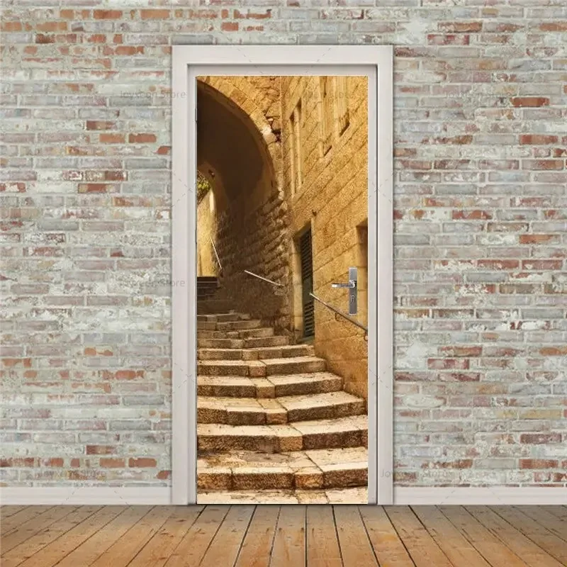 Wooden Bridge Door Stickers Waterproof Self-adhesive PVC Home Decoration 3D Wallpaper Renovation Old