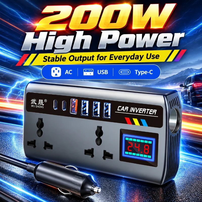 200W Car Voltage Inverter DC12V 24V Convert To 220V Multi-function Charger QC3.0 USB Type-C Port Independent Switch For Auto