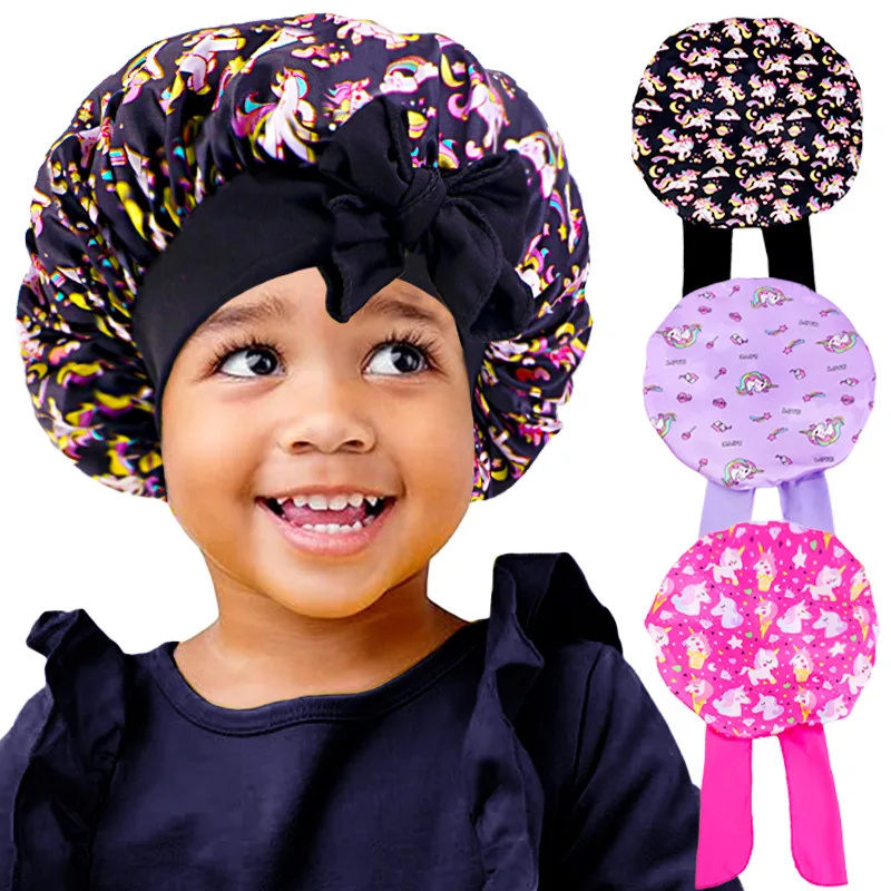 Nuevo gorro de satén de unicornio para niños, cinta de banda elástica ancha, gorro para dormir, gorros de noche para niños de pelo Natural rizado, gorro de ducha, pañuelo para la cabeza