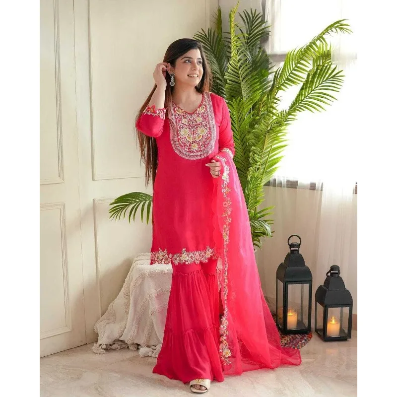 

Red Color Embroidery Work Kurti Sharara with Dupatta Set Women Pink Sharara Set