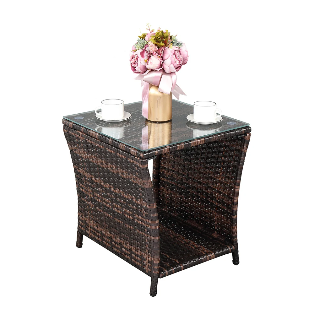 

Rattan Side Coffee Table Glass Surface Brown Gradient Iron Frame 46x46x49.5CM Outdoor Terrace Furniture[US-Stock]