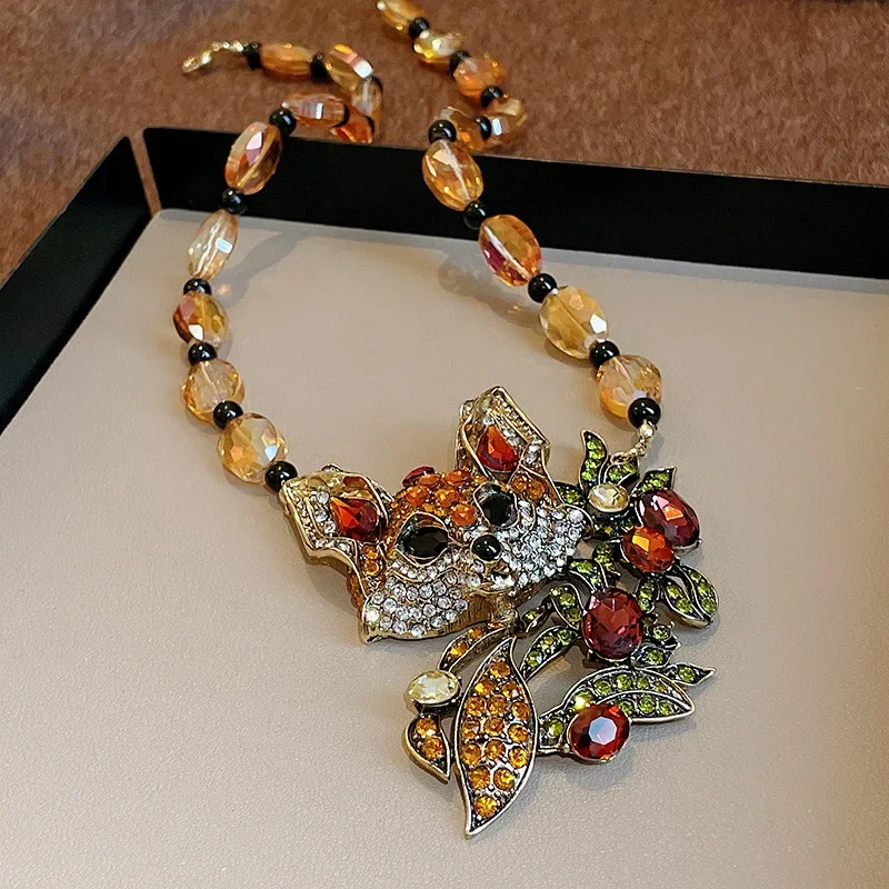 Vintage Baroque Style Long Fox Shape Necklace For Women Brown Crystal Earrings Party Banquet Jewelry Sets