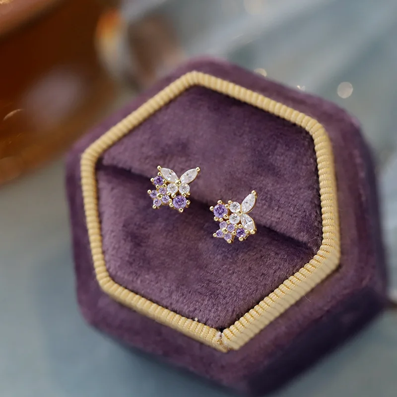 Real 925 Sterling Silver Zircon Purple Butterfly Mini Stud Earrings For Women Classic Fine Jewelry Light Luxury Accessories