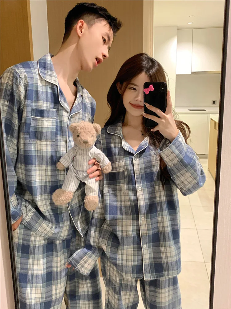 Lovers New Home Plaid Korean Winter Loose Long Sleeve Pajama Set Women Elegant Casual Comfortable Couple Sleepwear Simple Ins