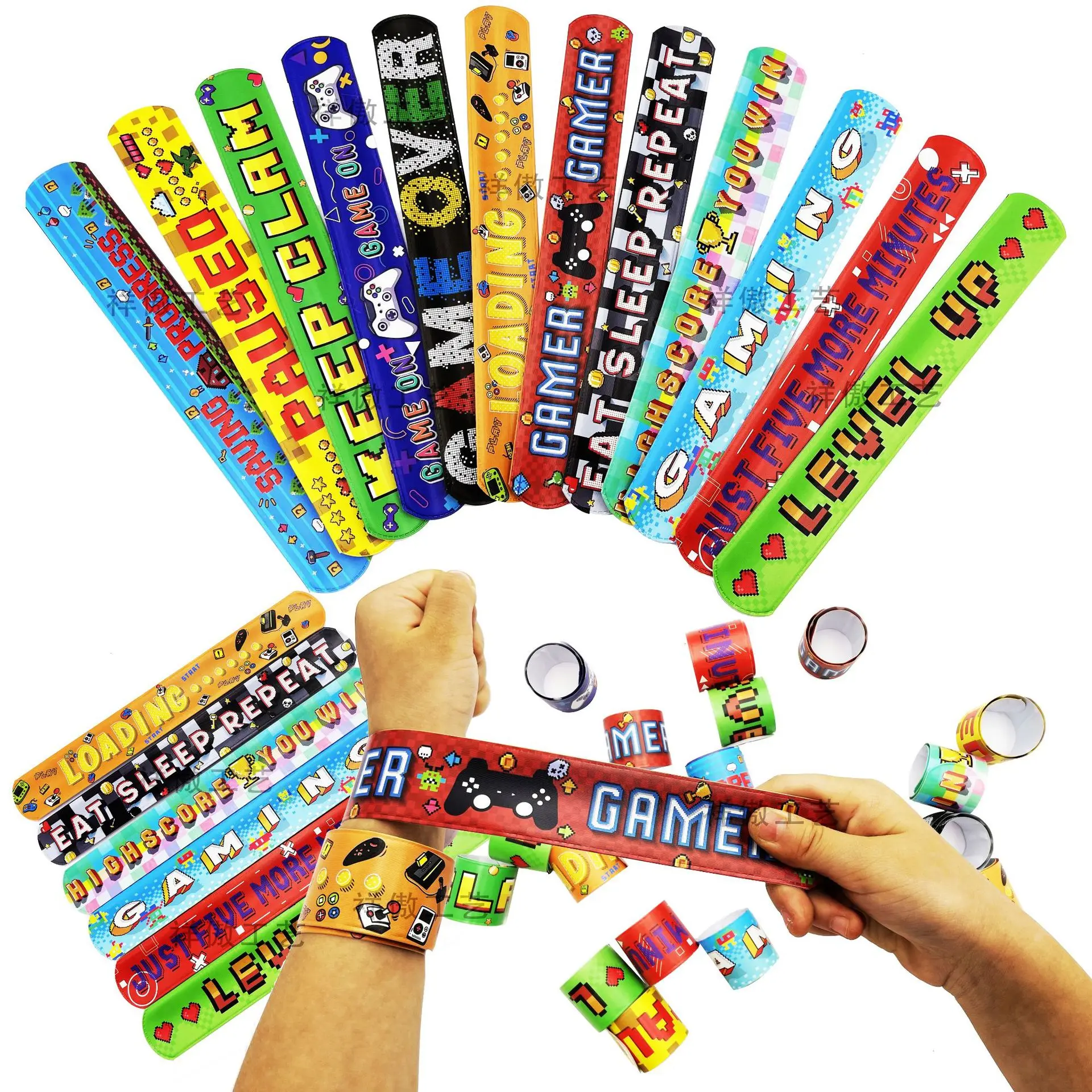 Pulseras Slap de juego para niños, decoración de fiesta temática, pulseras de nivel hacia arriba, regalos de fiesta de cumpleaños, 12 unidades