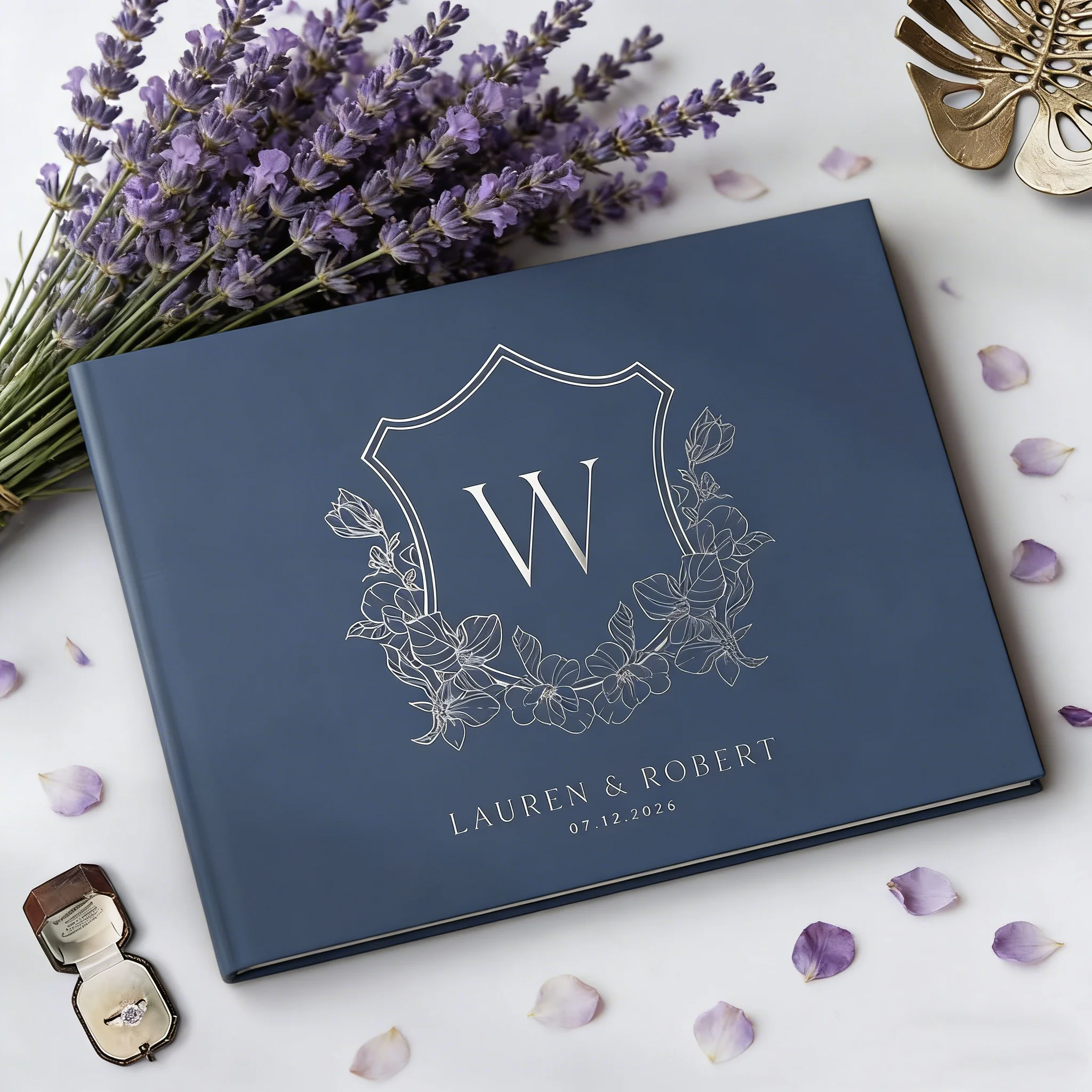personalized-silver-foil-wedding-guest-book-custom-monogram-crest-guestbook-modern-hardcover-instax-photo-album-for-guests