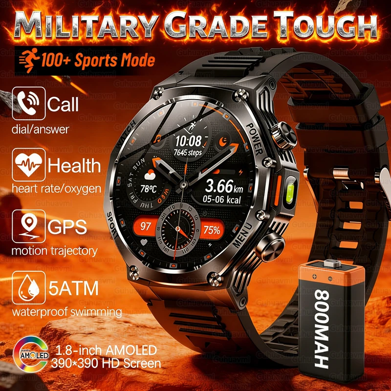 

2026 New Military Grade Smart Watch Men 800mAh 5ATM Waterproof Bluetooth Call 1.8'' HD AMOLED GPS Sports Watches For Android iOS