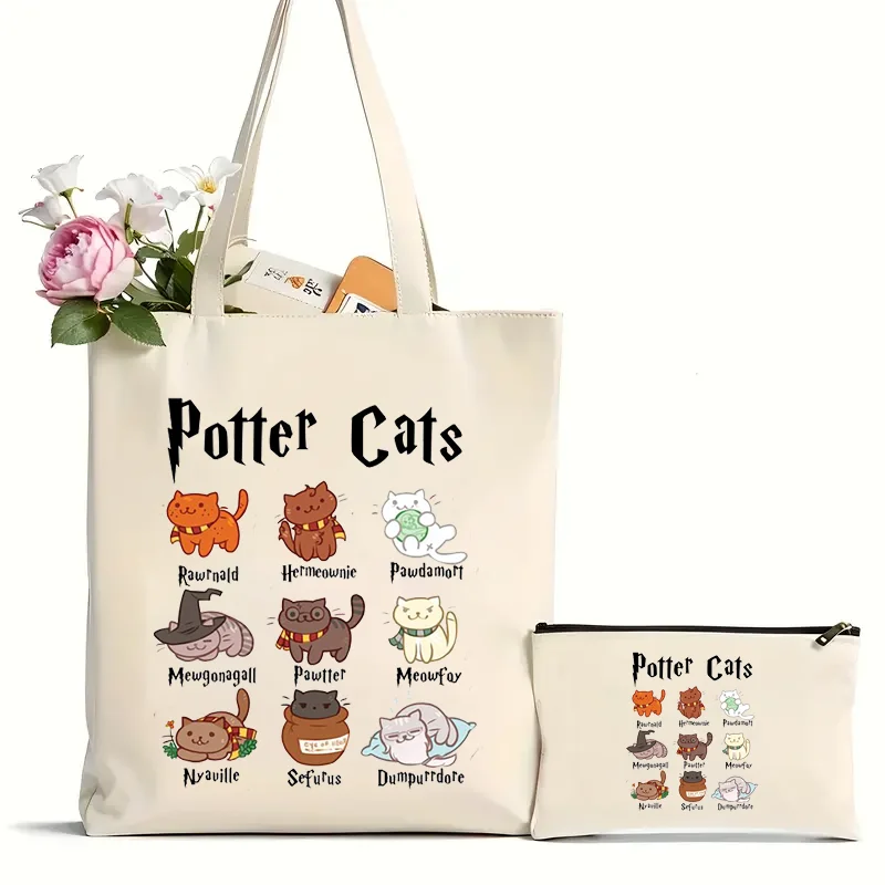 2Pcs Canvas Tote Bag for Women Potter Cats Handbag Harajuku Animal Shopper Bags Cartoon Cat Aesthetic Tote Bag Female Shoulder B