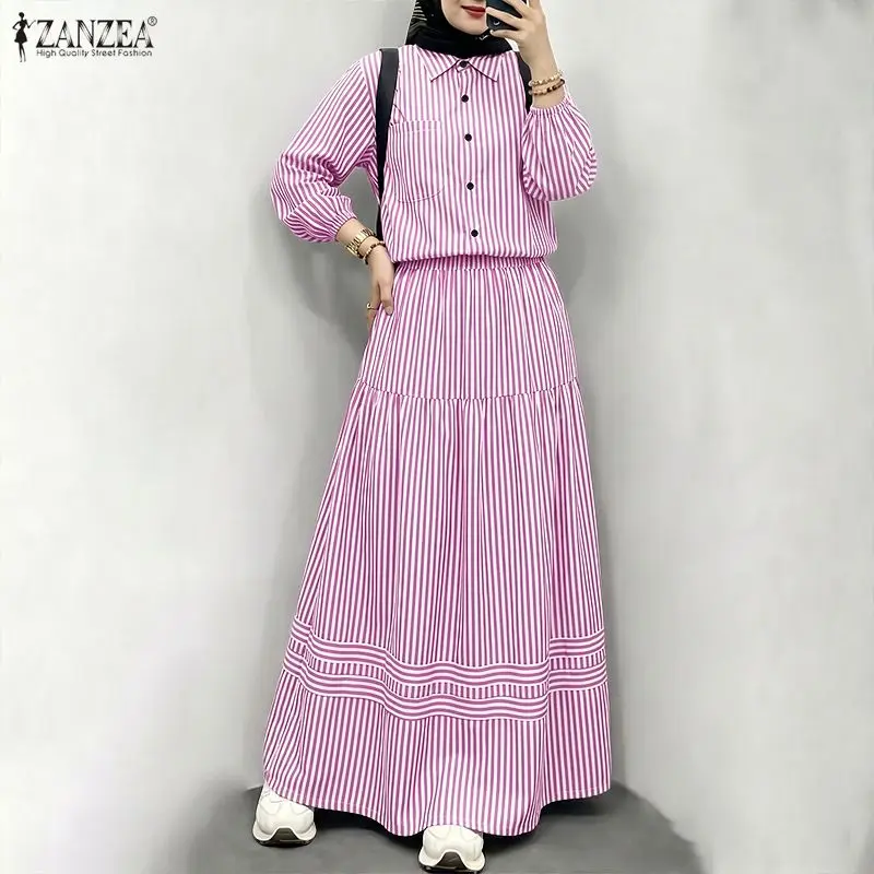 ZANZEA Women 2-Piece Sets Muslim Modest Loose Striped Long Sleeve Shirt & Elastic Waist Maxi Skirt Suits Islamic Hijabis Outfits
