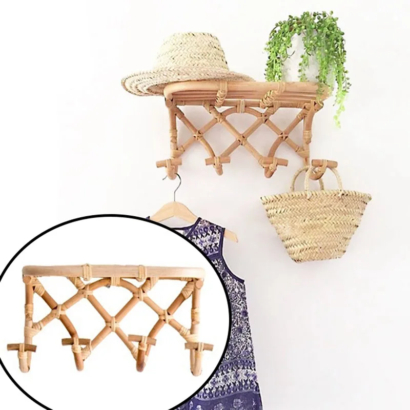 Rattan Clothes Hanger Hook Storage Rack Organizer Wall for Coat Hat Towel Handbag Holder Bathroom