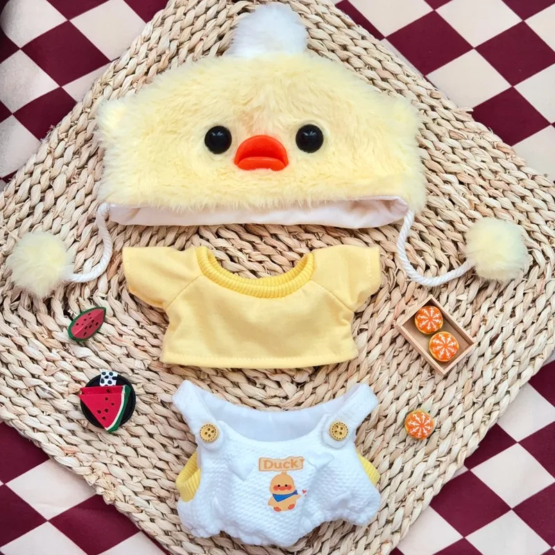 Ensemble trois pièces de canard jaune en coton beurre, vêtements de poupées en peluche, t-shirt à la mode, salopette avec chapeau, accessoires de décoration, 20cm