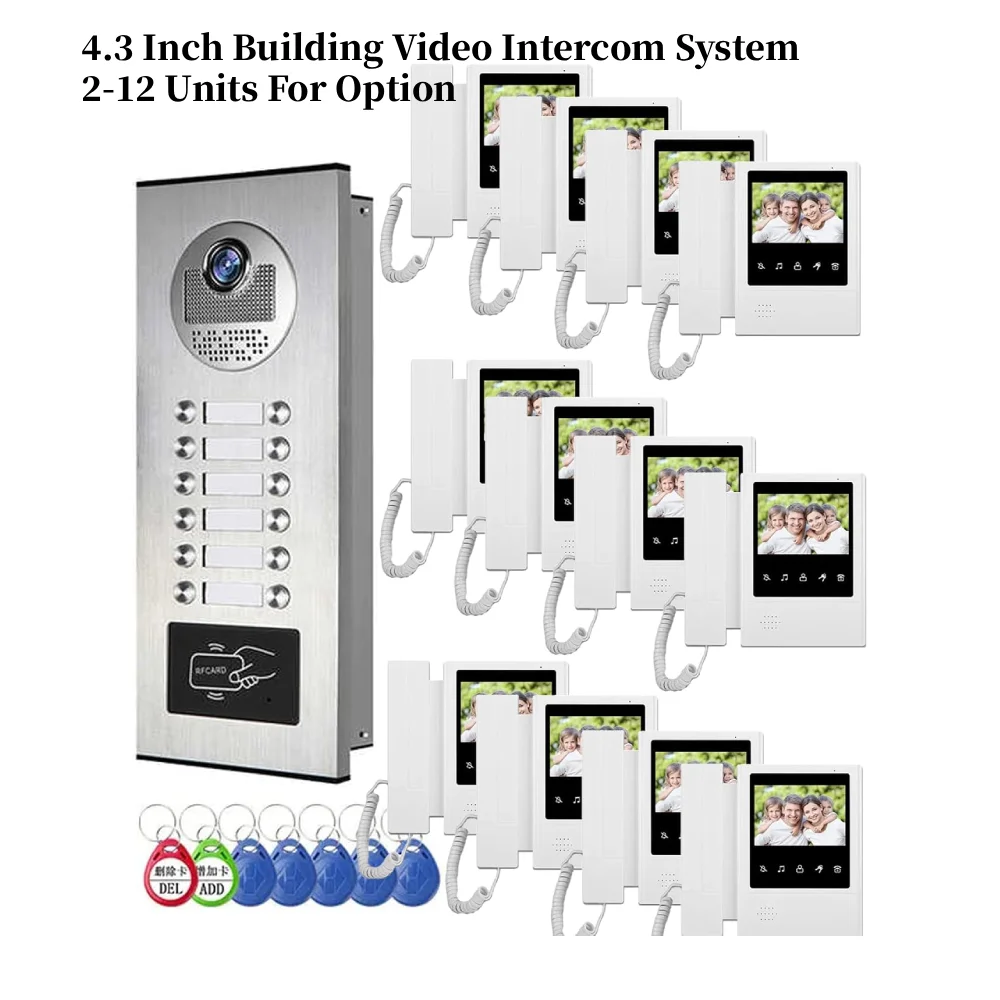 

4.3 Inch Visual Intercom System Video Door Bell with Camera 2-12 Units RFID Unlock Apartment Video Door Phone Intercom Kits