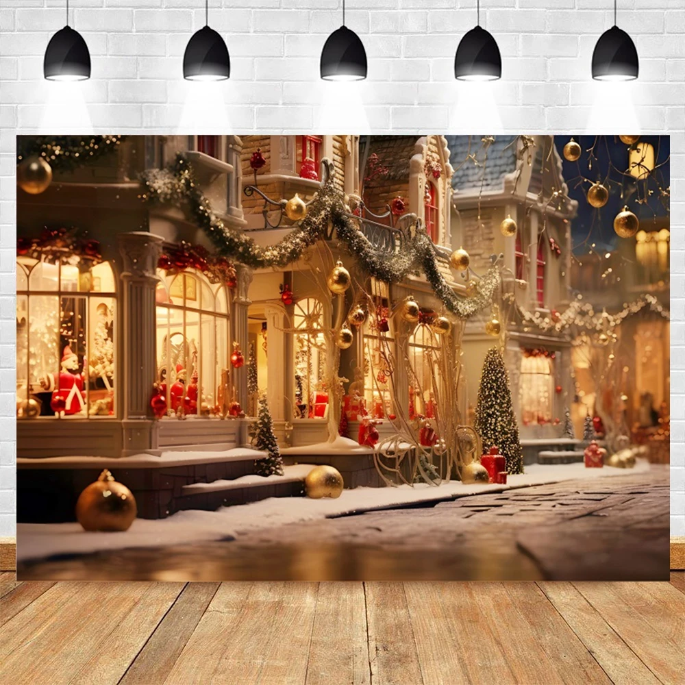 Fondo de noche de Navidad de calle nevada de invierno, casas de fotografía, tiendas, árboles de Navidad, decoración de fiesta familiar para niños, accesorios de fondo