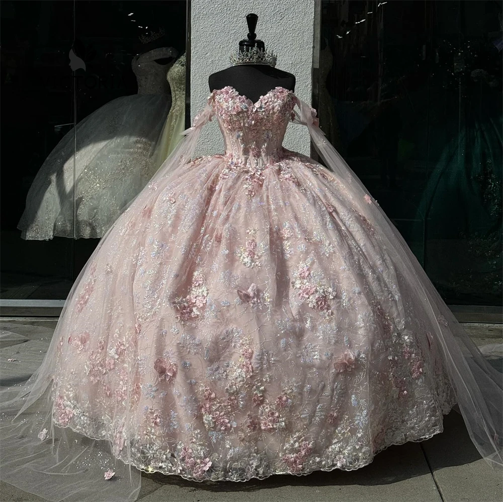 

Impeccable Baby Pink Apppliques Quinceanera Dresses Off The Shoulder Cape Ball Gown Sweet Sixteen Dress Wedding Gowns vestido