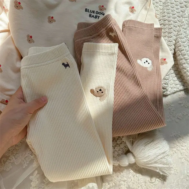 Korean Girls' Ribbed Leggings  Puppy Embroidered Winter Thermal Tights  Stretchy Soft Pants for Baby Toddlers  Cute Warm & Comfy