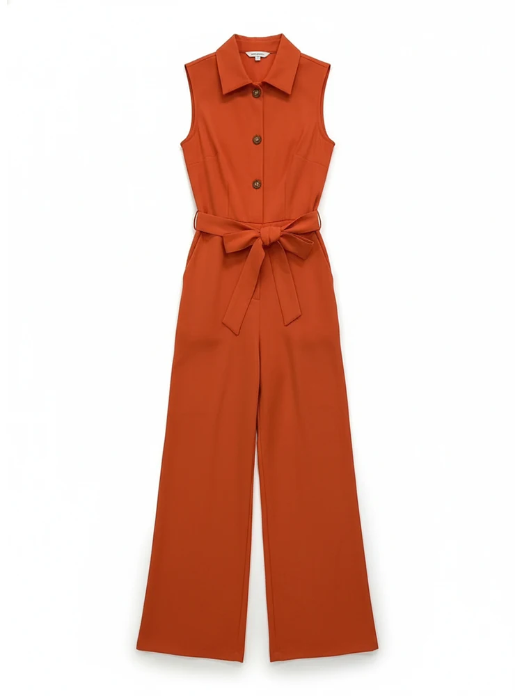 

Lemongor Urban Female Sleeveless Straight-leg Jumpsuits Tied High Waisted Buttoned Elegant Casual Office Overalls Party Outfits