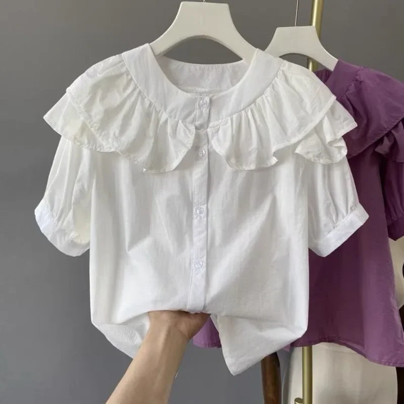 

Блузка большого размера с оборками, фиолетовая шифоновая рубашка с пышными рукавами и круглым вырезом на пуговицах, элегантная женская офисная женская универсальная женская рубашка