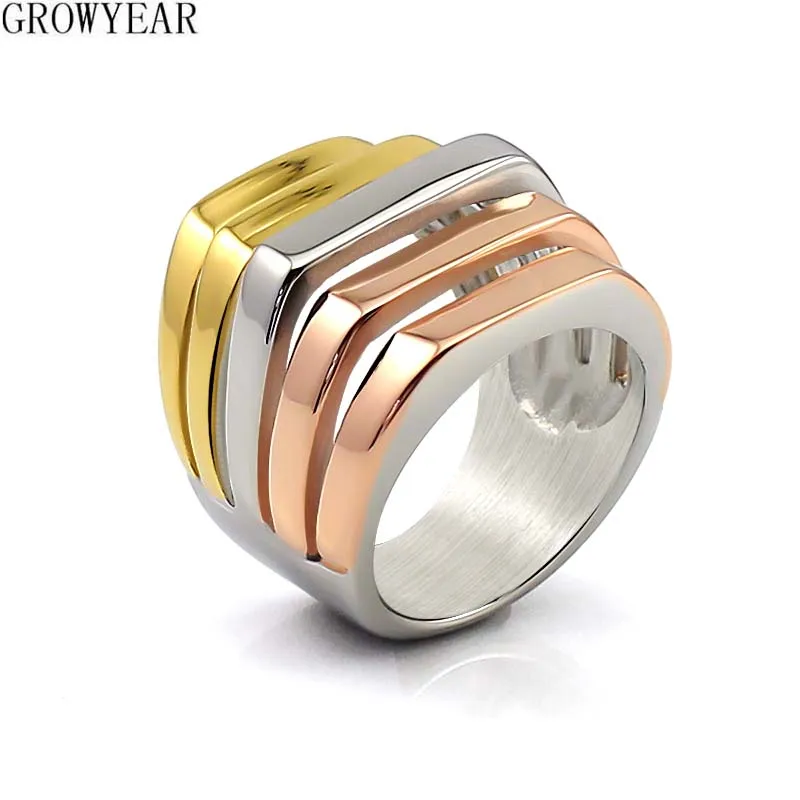 Fashion Wide Big Punk Rings for Women Arched Shape Tri color Stainless Steel Rings 2cm Unusual Wedding Party Rings Accessories