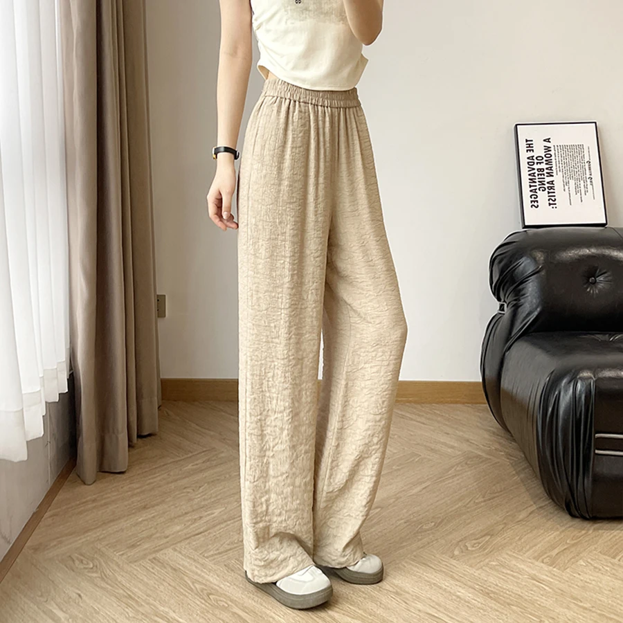 

Women's Casual Wide-Leg Pants with Elastic Waistband & Side Pockets - 3D Jacquard Textured Fabric, Khaki Solid Color