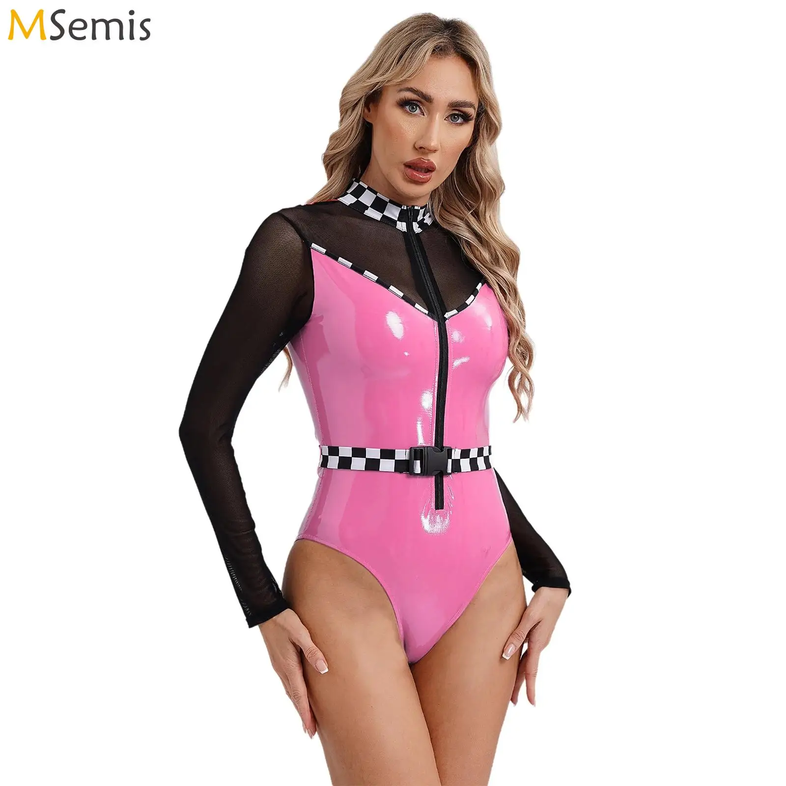 Женский скоростной комбинезон для водителя, клетчатый сетчатый комбинезон из латекса на молнии с ремнем, модное платье