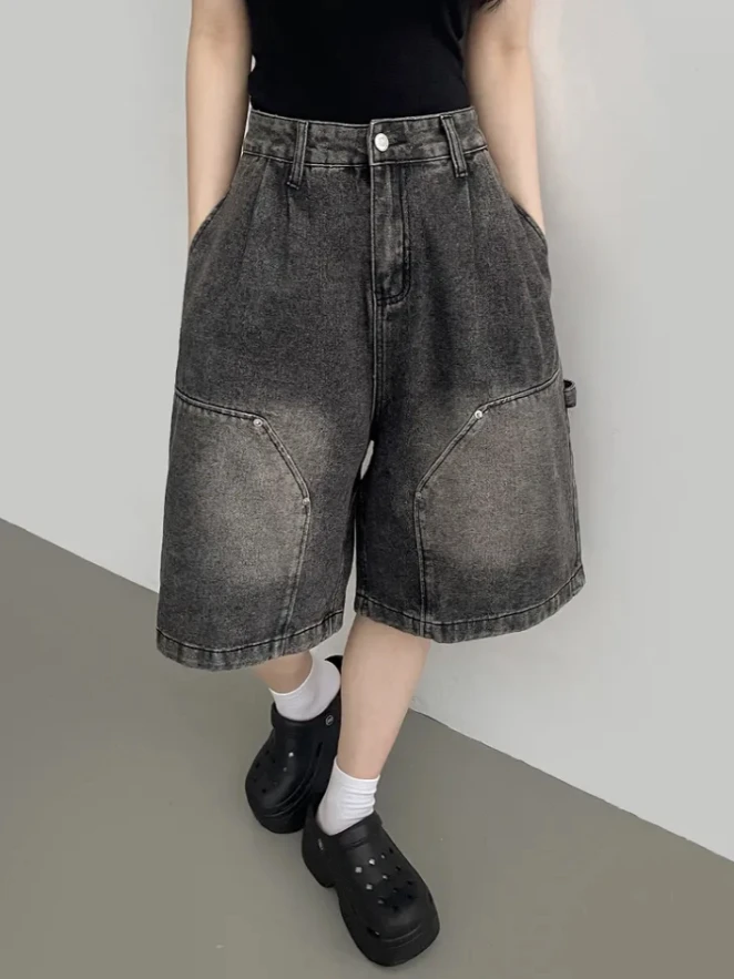 

Женские широкие джинсы с талией в стиле ретро, свободные утягивающие уличные брюки с поясом, универсальные брюки пять четвертей со средней посадкой