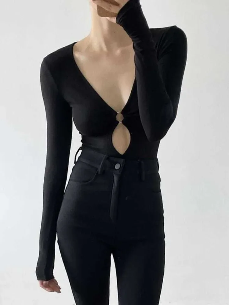 Seksowne body z wycięciami damskie Bodycon Hotsweet z długim rękawem na wszystkie mecze główna ulica klub nocny damskie dekolt w serek moda wygodne